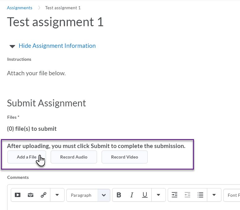 Assignment submission screen